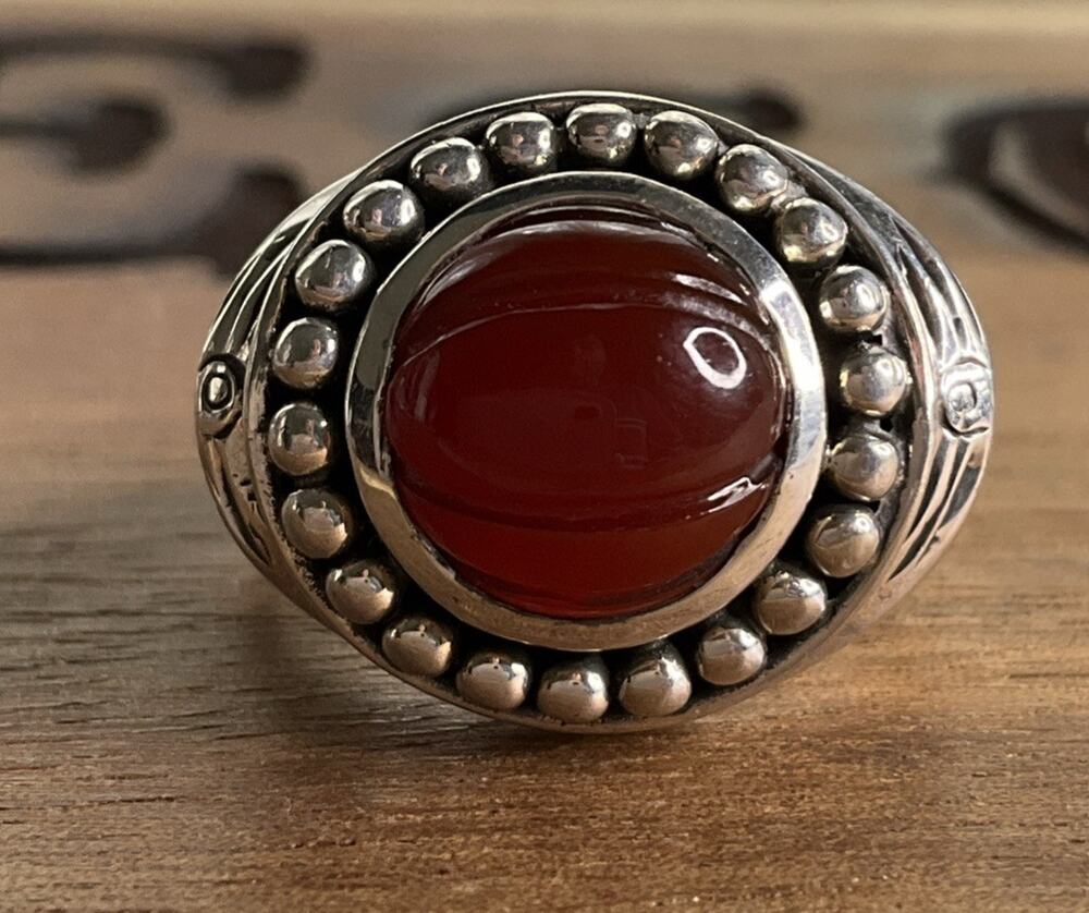 Vintage Doug Paulus DP India Sterling Silver Round Beaded Carnelian Ring Sz 6.5